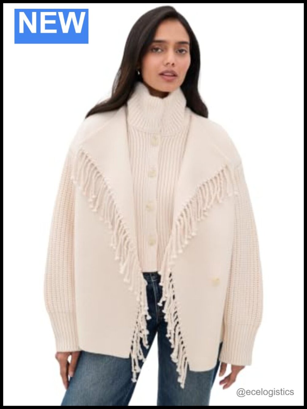 Cropped Jacquard Fringe Wool Coat with Turtle Neck